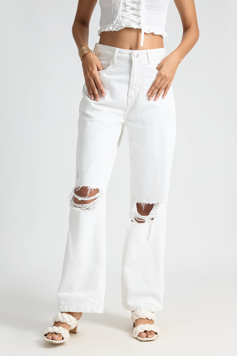 White Distressed Women's Wide Leg Jeans