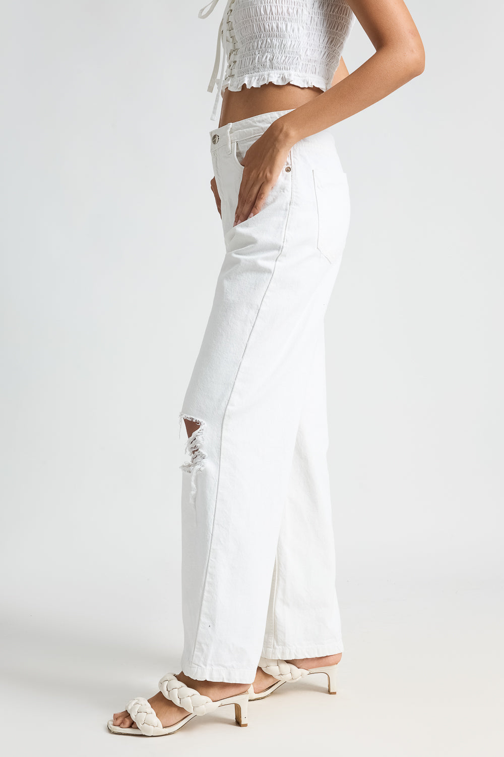 White Distressed Women's Wide Leg Jeans