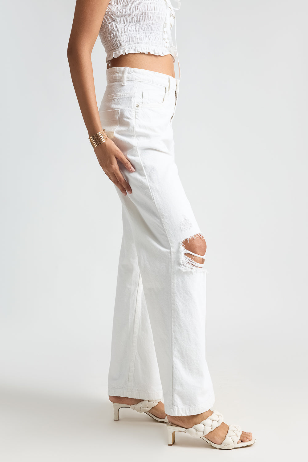 White Distressed Knee Women's Wide Leg Jeans