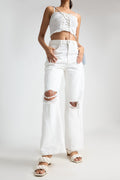 White Distressed Knee Women's Wide Leg Jeans