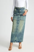Blue Utility Pocket Denim Maxi Skirt