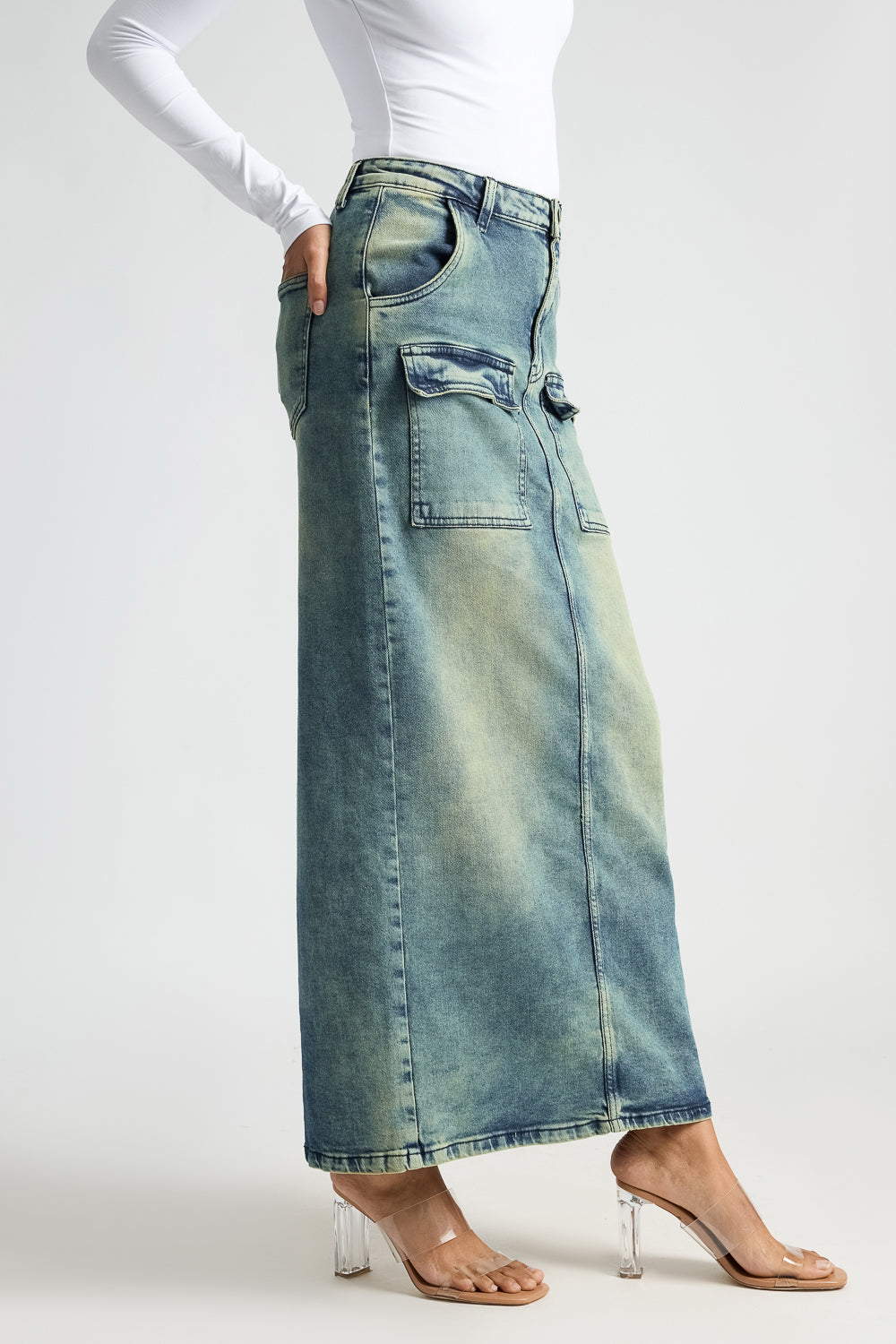 Blue Utility Pocket Denim Maxi Skirt