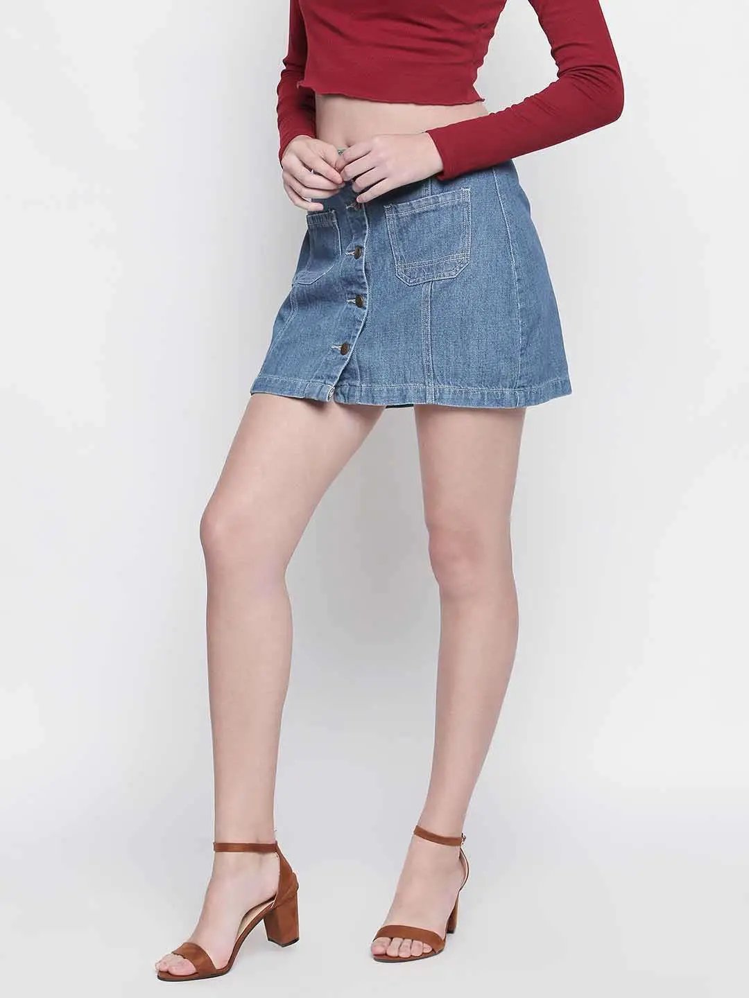 Mid Blue Skirt With Button Details