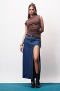 Chic Blue Curved Slit Women's Denim Midi Skirt