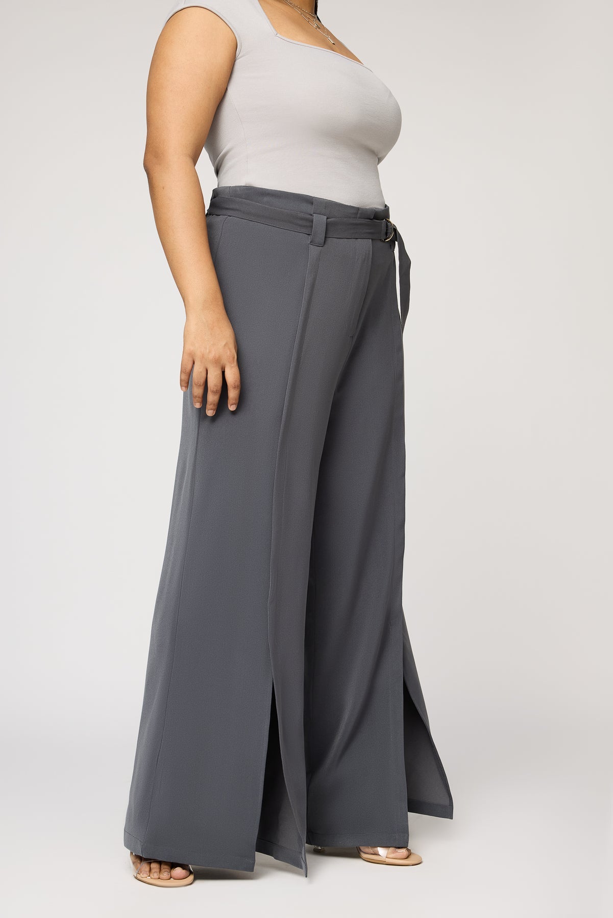 Curve Dove Grey Belted Flared Korean Pants