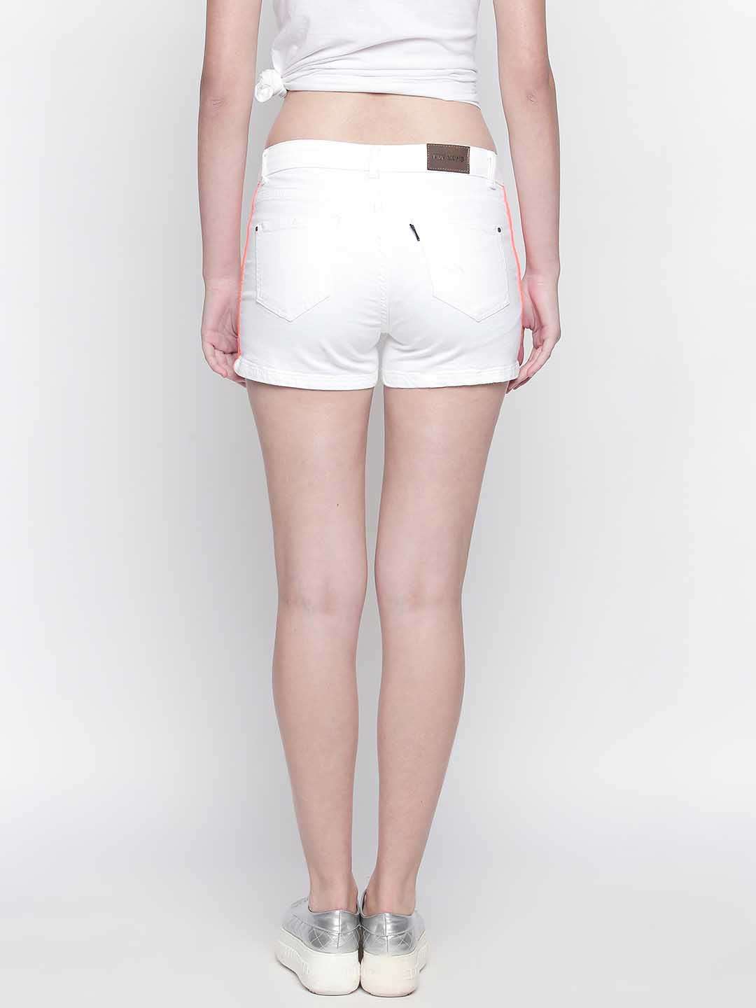 White Denim Shorts With Side Tape Detail