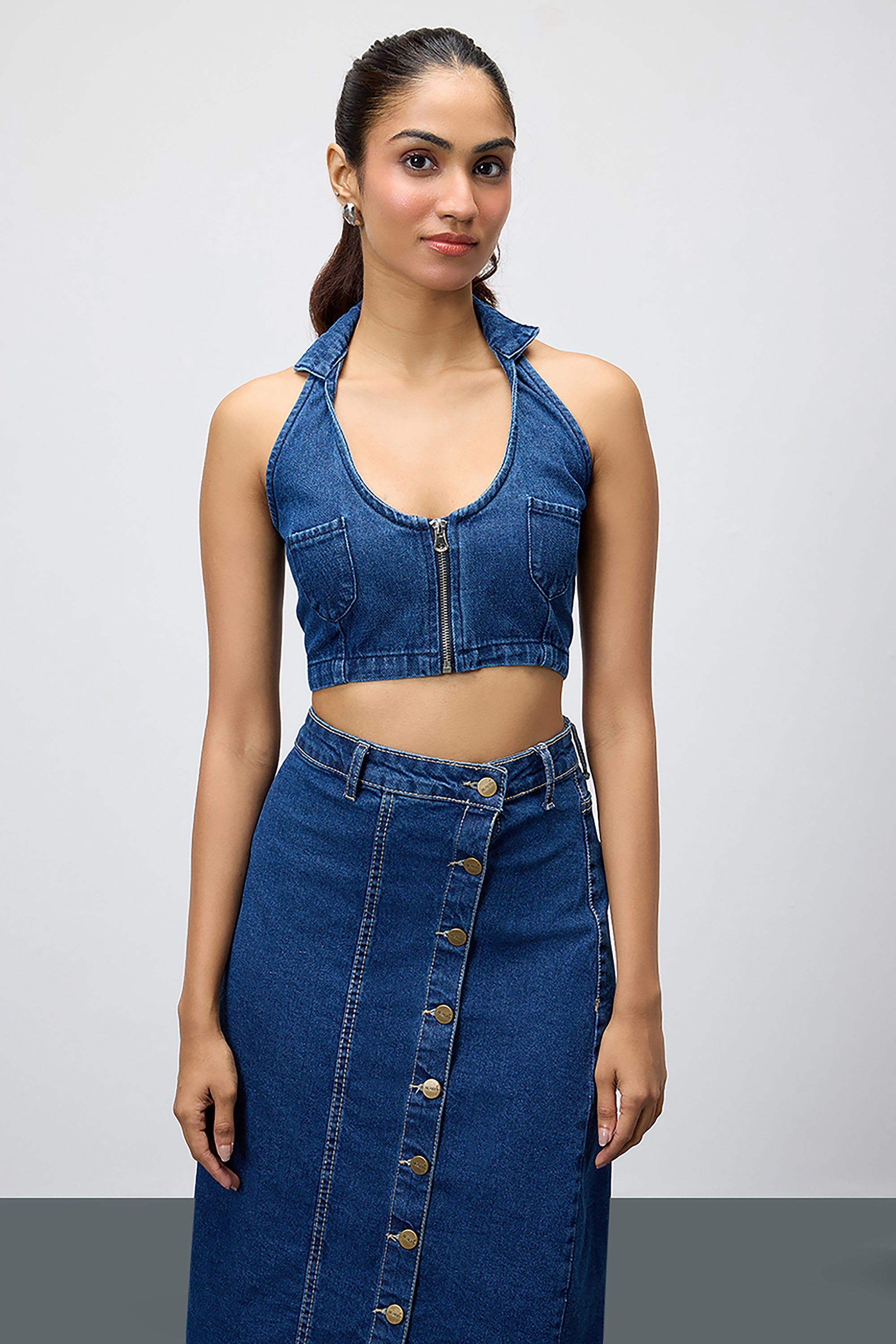 Blue Cropped Women's Halter Denim Top