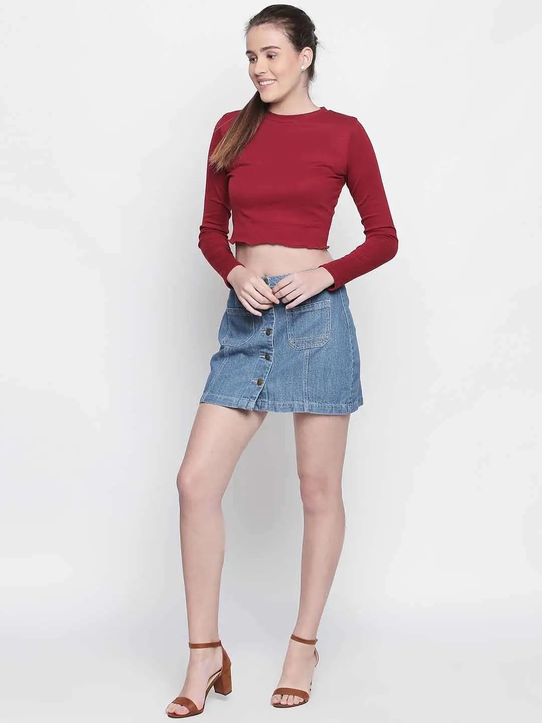 Mid Blue Skirt With Button Details