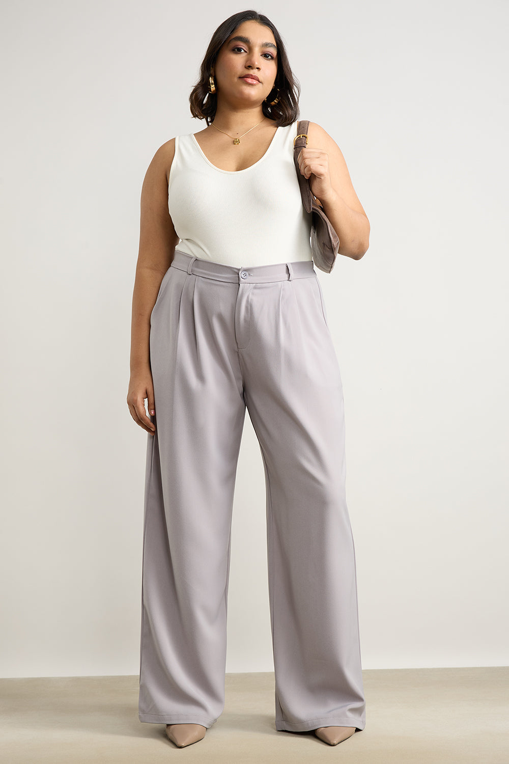 Curve Light Grey Pleated Straight Korean Pants