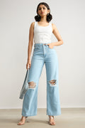 Light Blue High Waisted Distressed Women's Wide Jeans