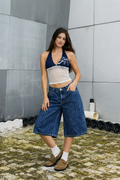 Blue Denim Striped Bermuda Shorts