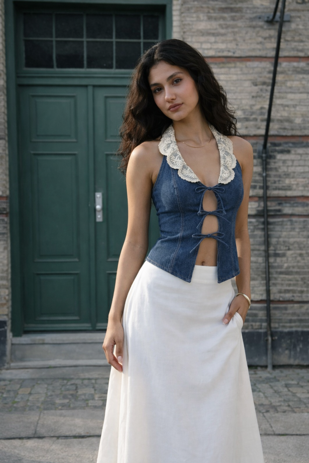 Blue Denim Tie-Up Vest Top
