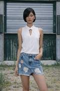 Light Blue Embroidered Denim Distressed Skirt