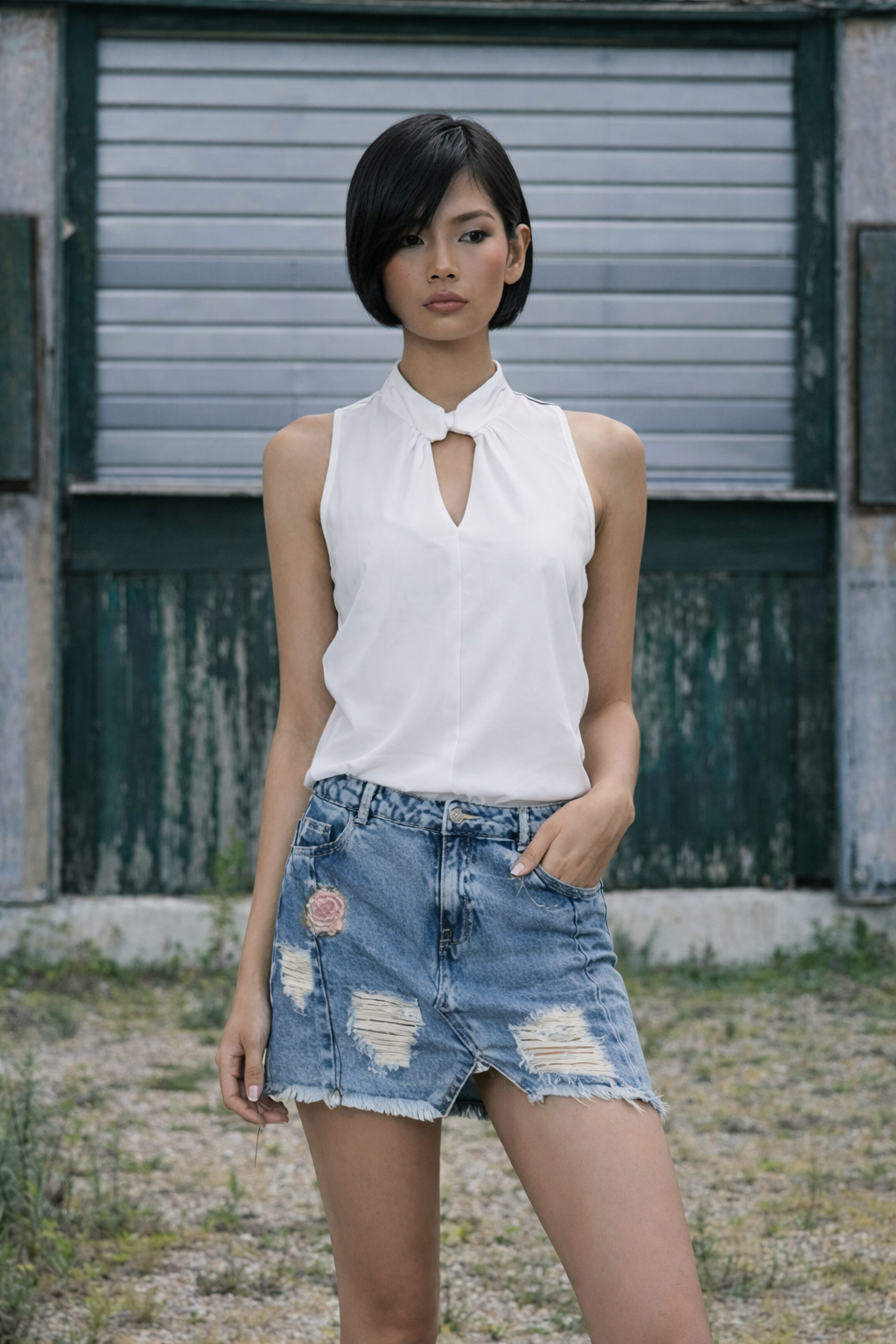 Light Blue Embroidered Denim Distressed Skirt