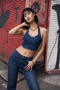 Contrast Stitch Denim Halter Top