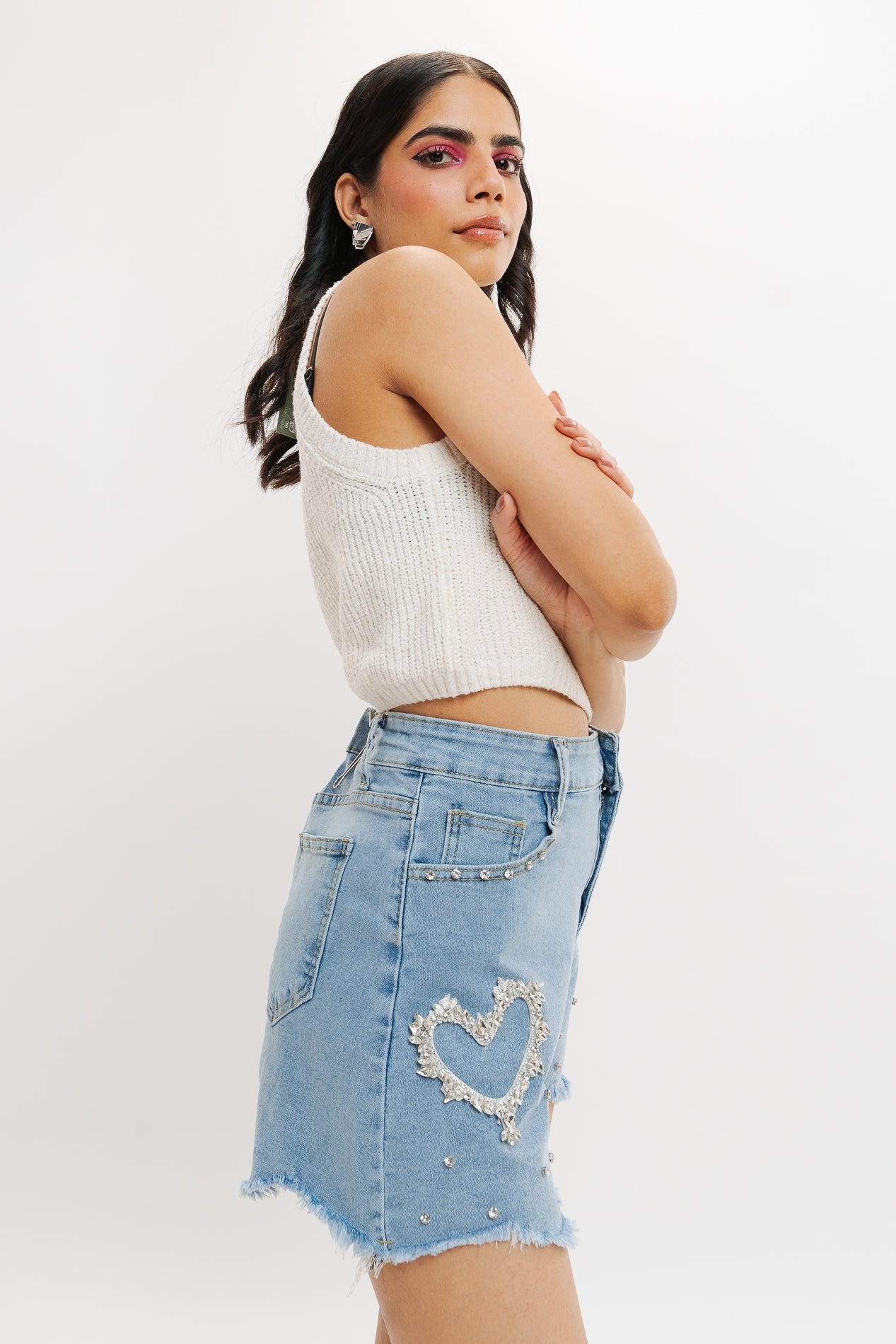 Heart-Embellished Rough-Cut Denim Shorts