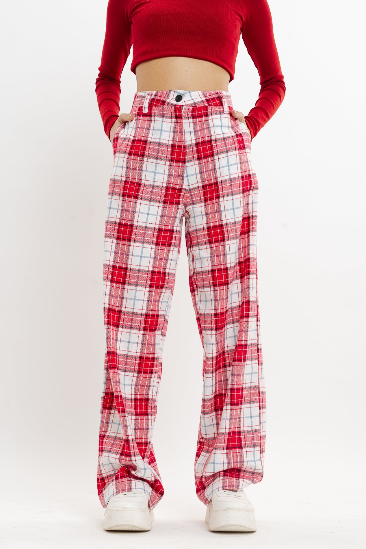 Red And White Checkered Straight Fit Pant
