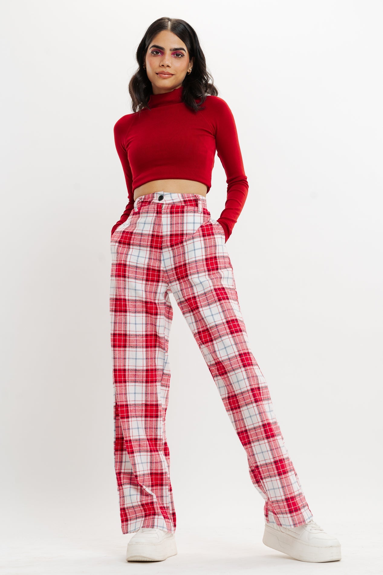 Red And White Checkered Straight Fit Pant