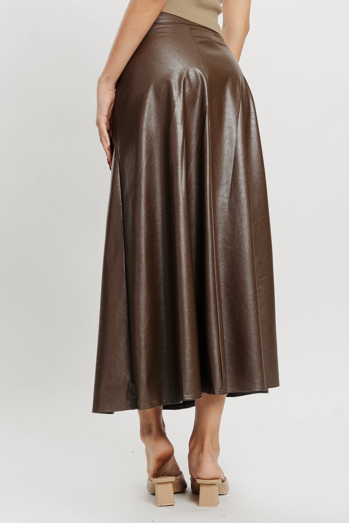 Brown Flared Leather Skirt