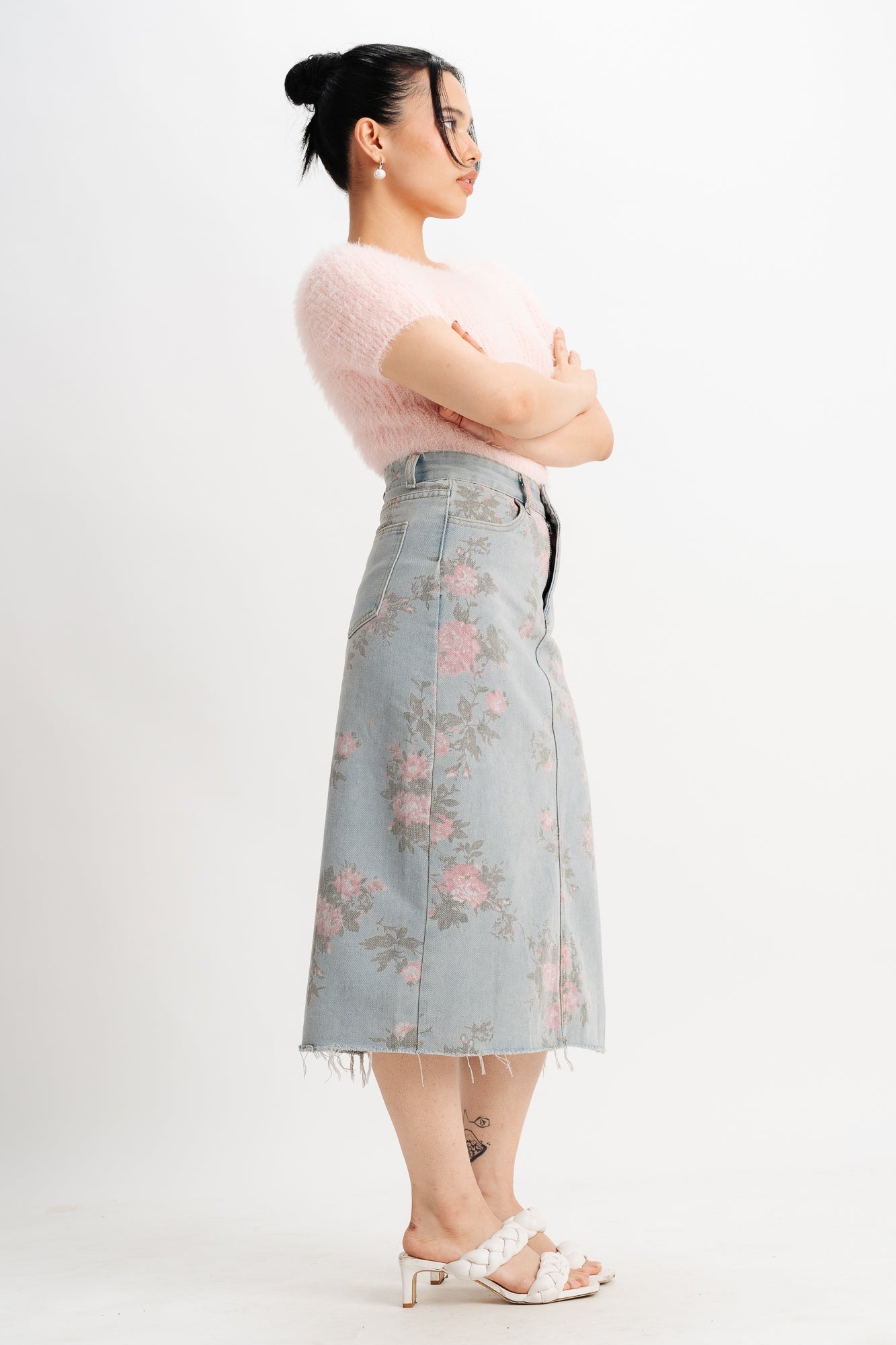 Blue Floral Denim Slit Skirt