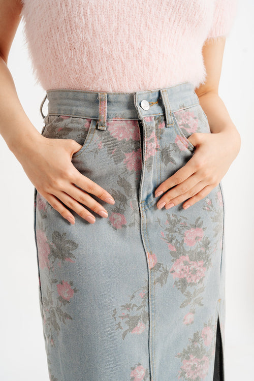 Blue Floral Denim Slit Skirt