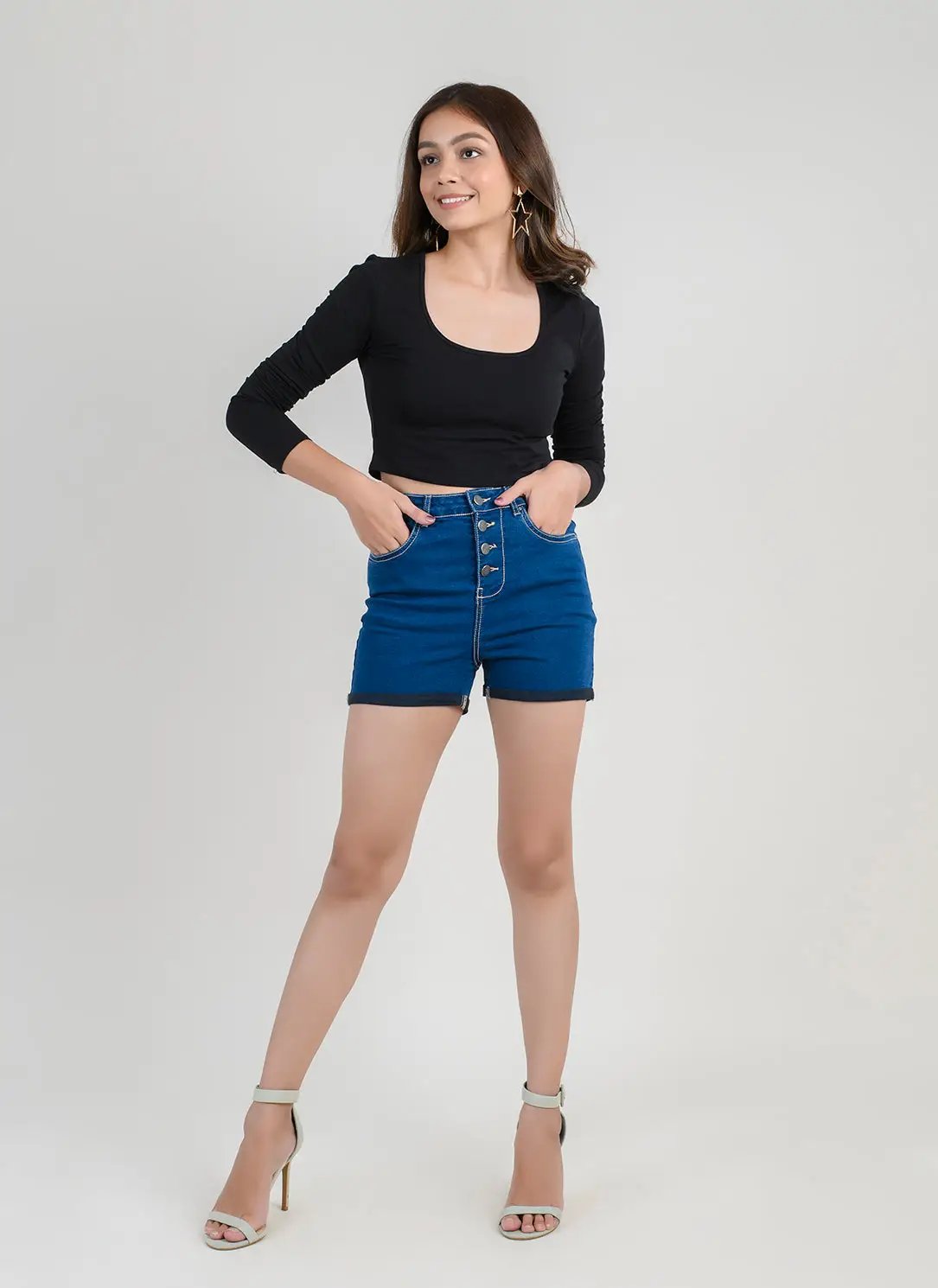 Dark Blue Hot Shorts With Button Fly