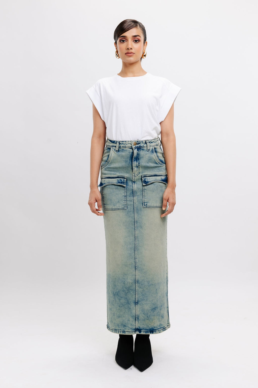 Denim Patch Pocket Retro Maxi Skirt