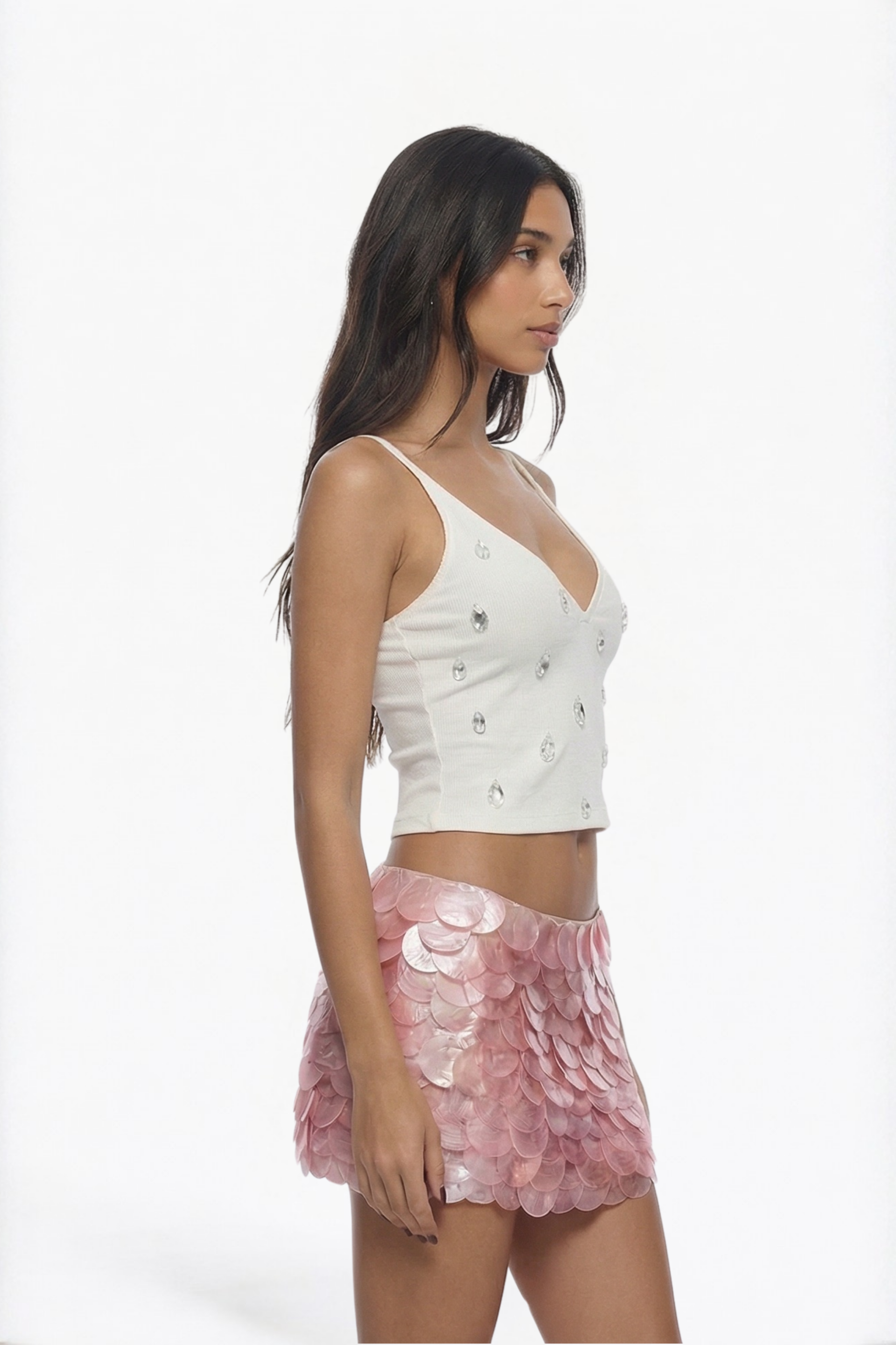 White Crystal-Embellished Crop Top