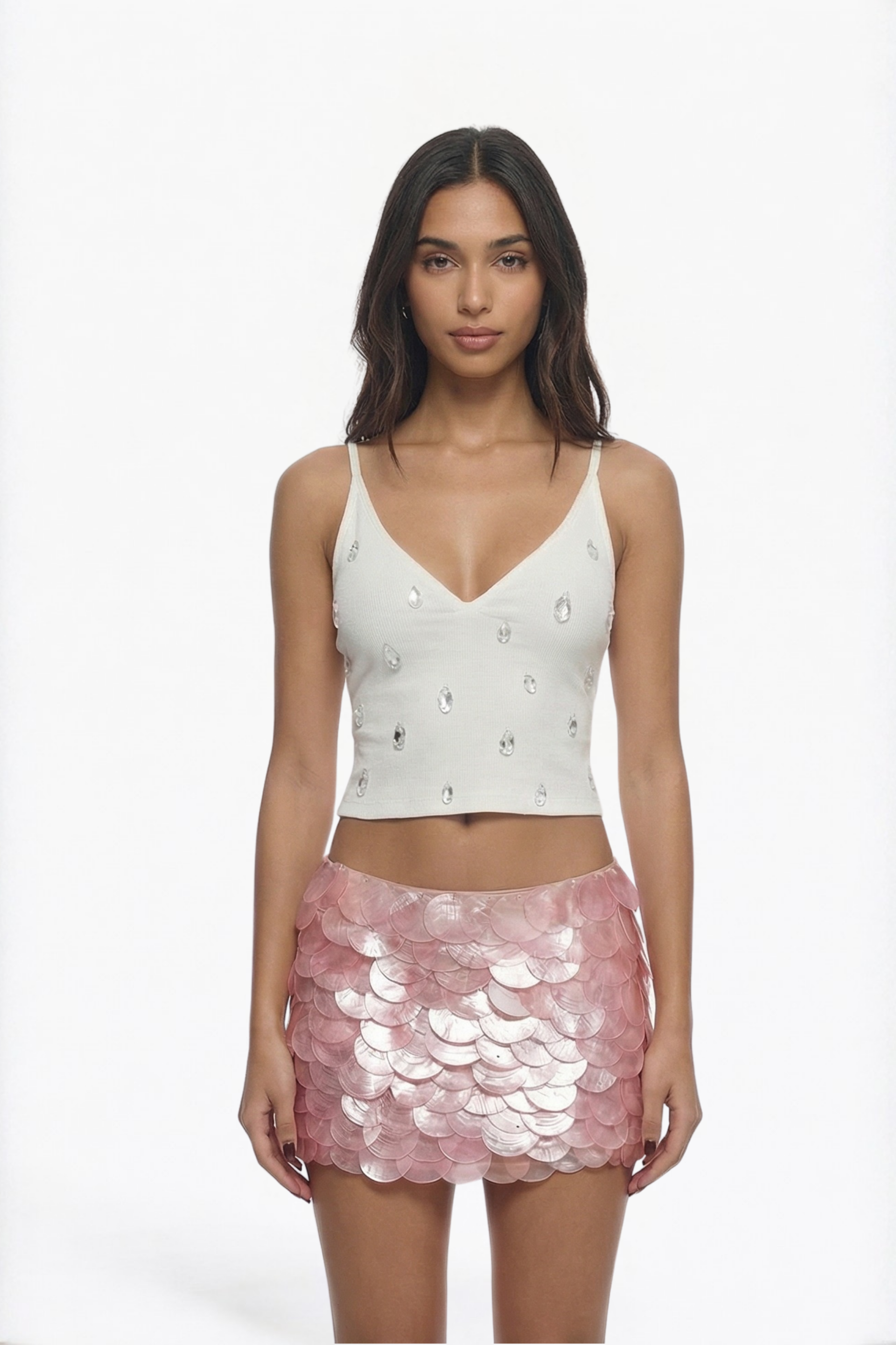 White Crystal-Embellished Crop Top