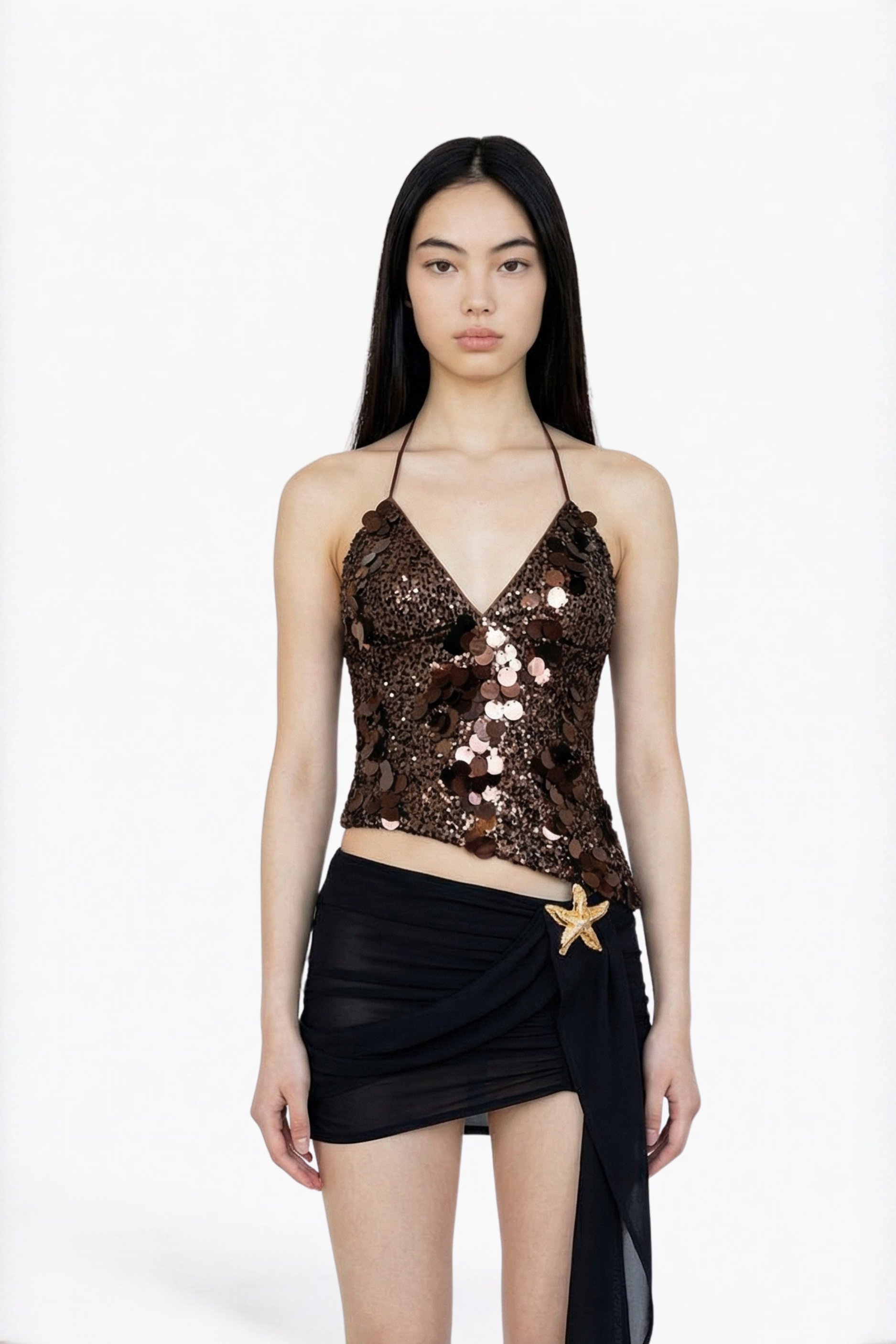 Brown Sequin Embellished Halter Top