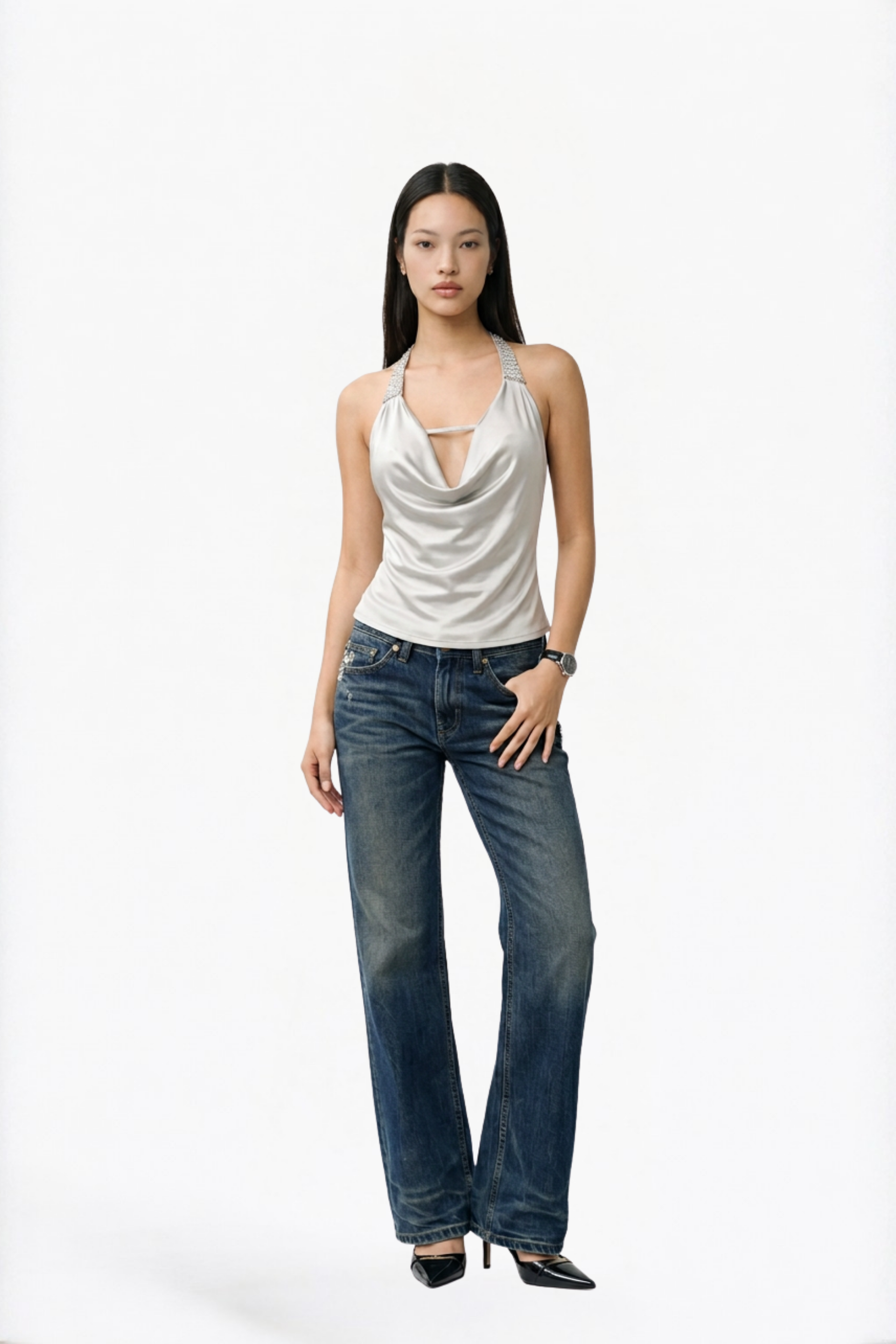 Grey Halter Cowl Neck Top