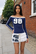 Navy '98' Off-Shoulder Varsity Long Sleeve Top