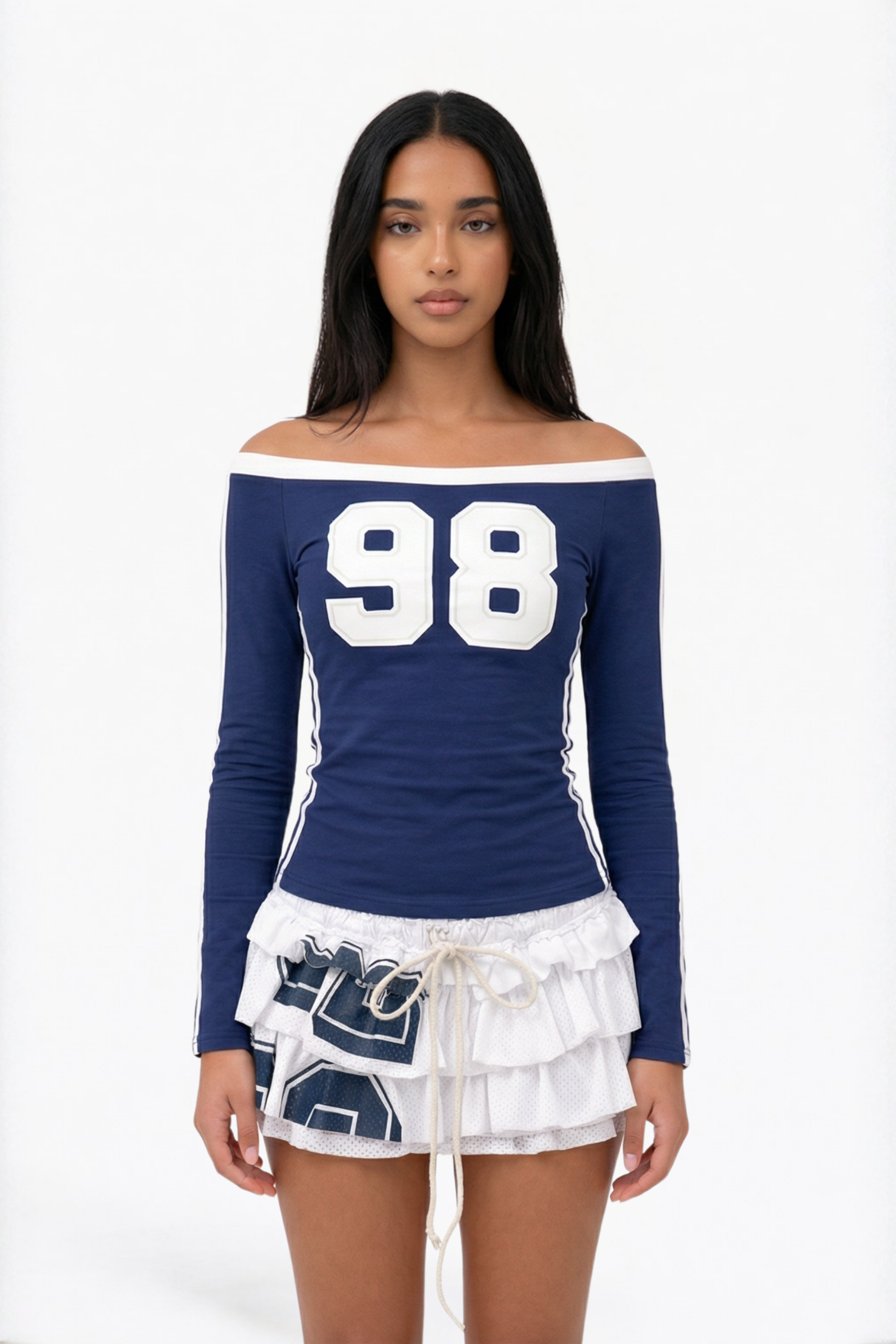 Navy '98' Off-Shoulder Varsity Long Sleeve Top