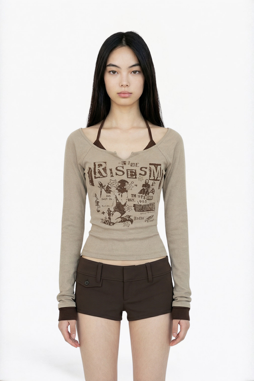 Beige Printed Long-Sleeve Top