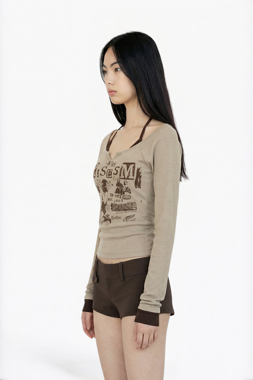 Beige Printed Long-Sleeve Top