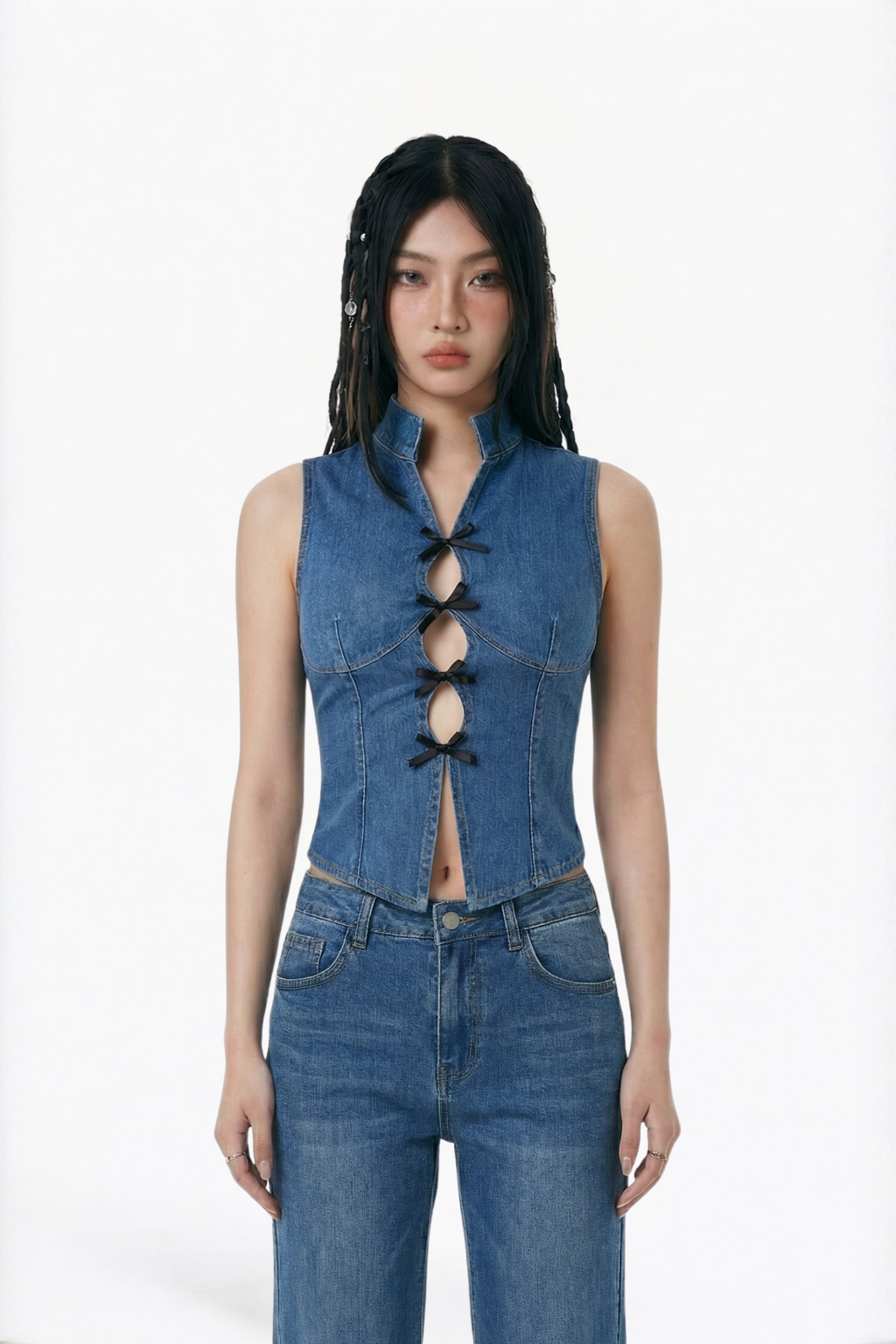 Blue Denim Mandarin-Collar Sleeveless Vest Top