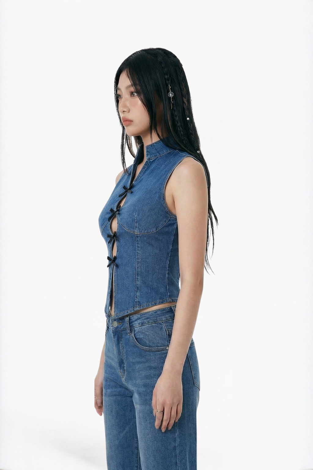 Blue Denim Mandarin-Collar Sleeveless Vest Top