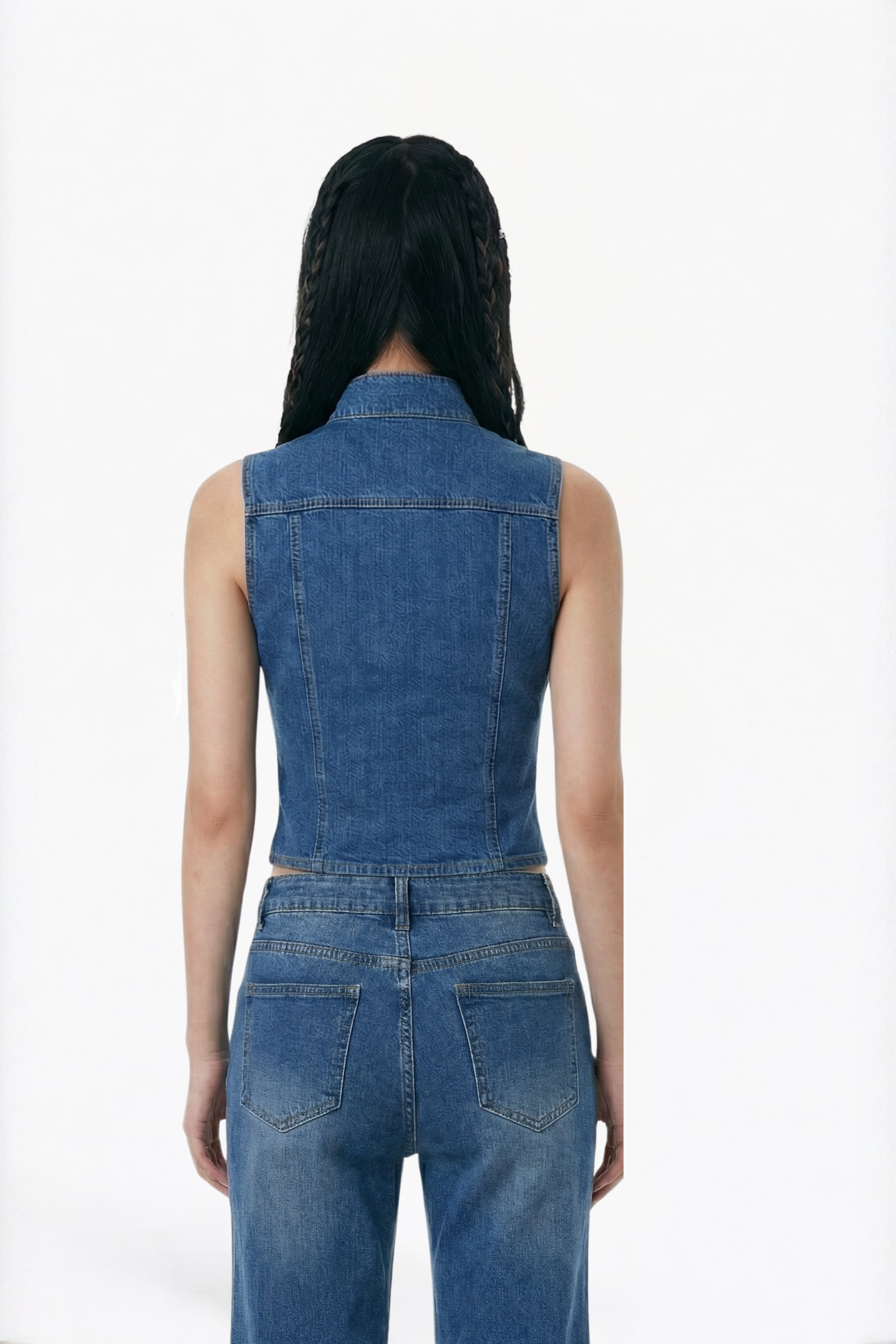 Blue Denim Mandarin-Collar Sleeveless Vest Top