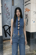 Blue Denim Mandarin-Collar Sleeveless Vest Top