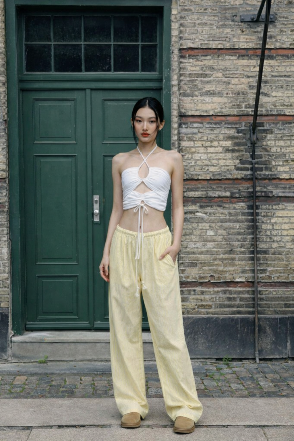 Yellow Drawstring Wide-Leg Pants