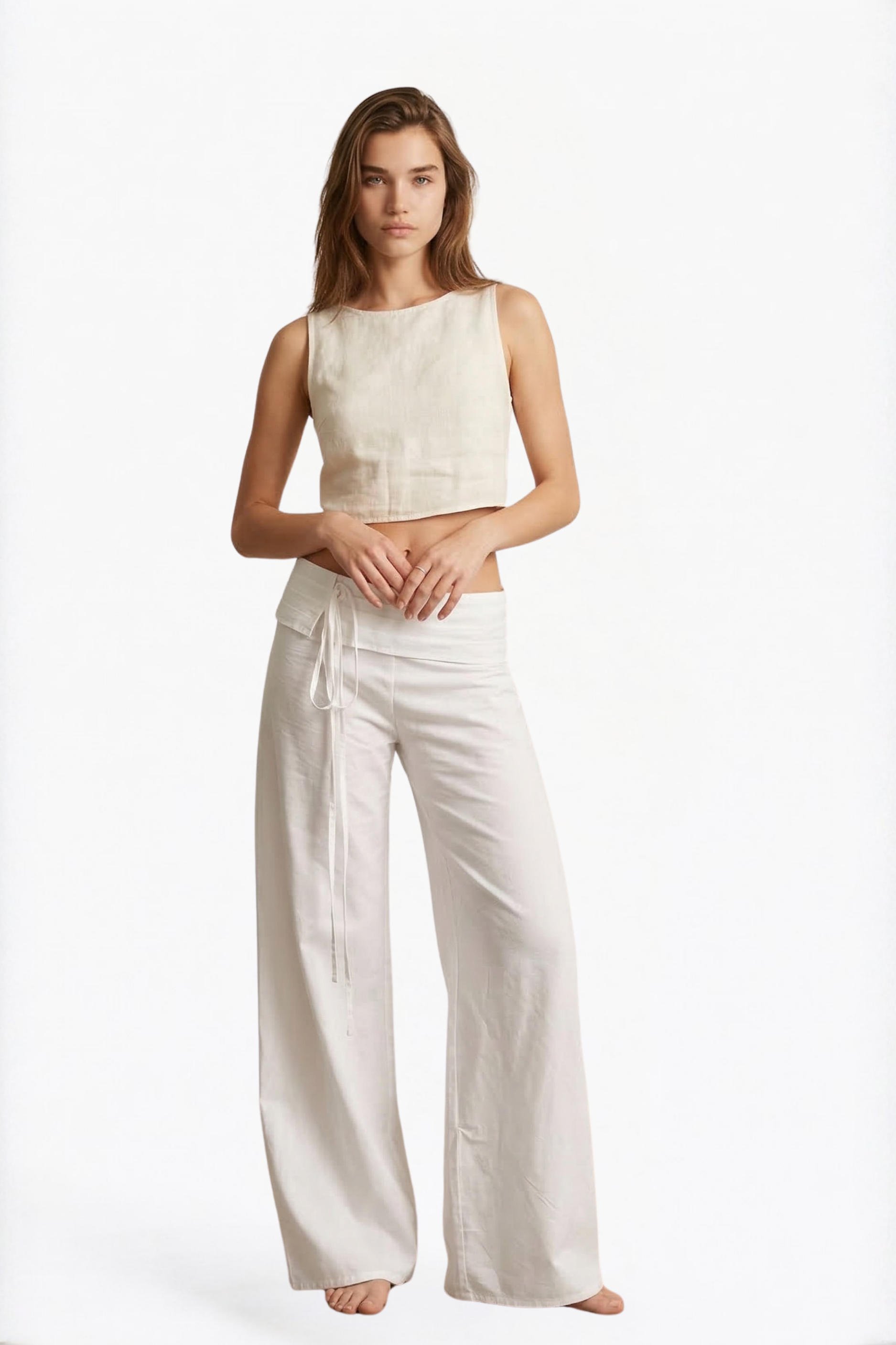 White Drawstring Wide-Leg Pants