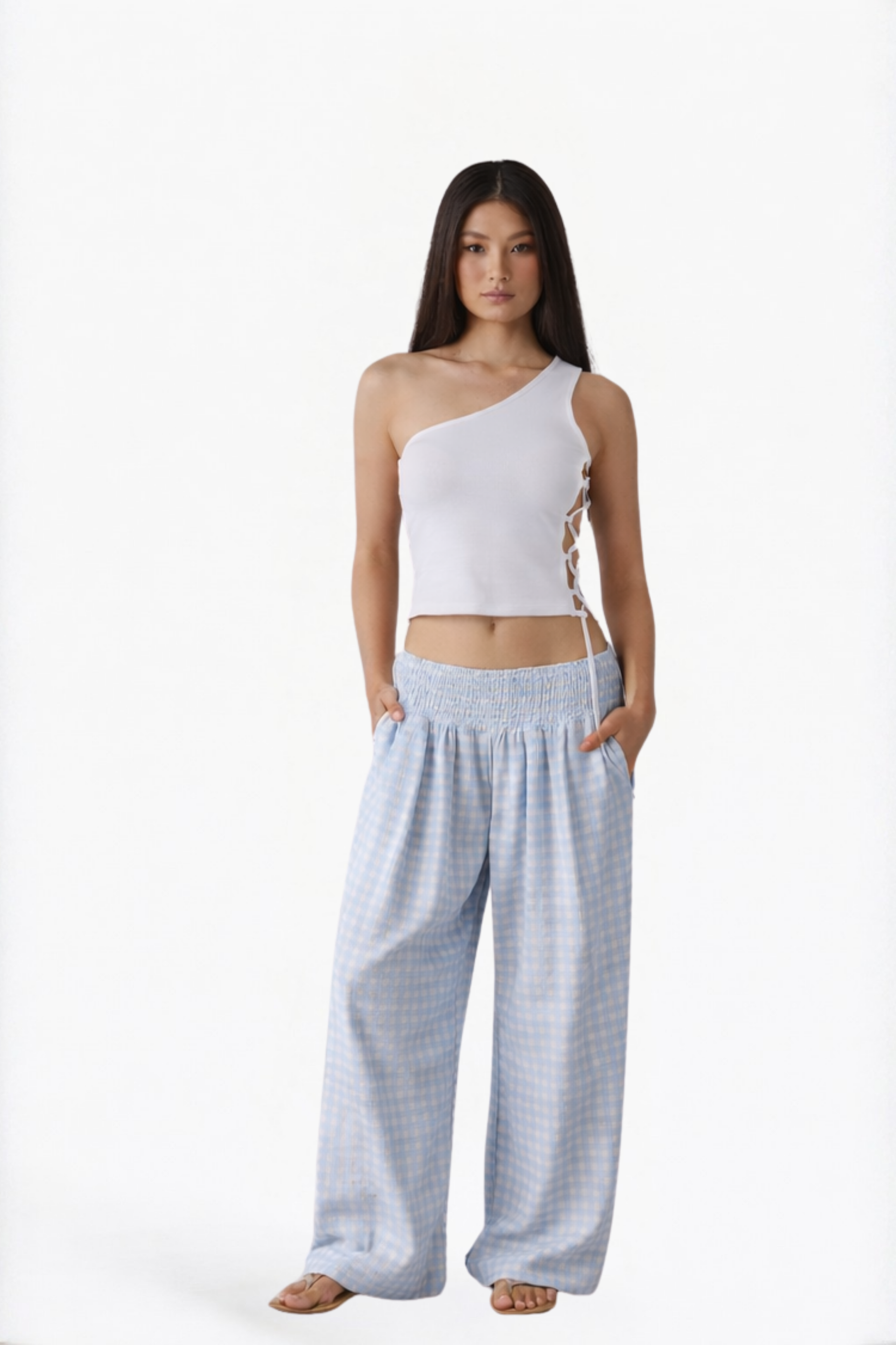 Blue Checked Wide-Leg Pants