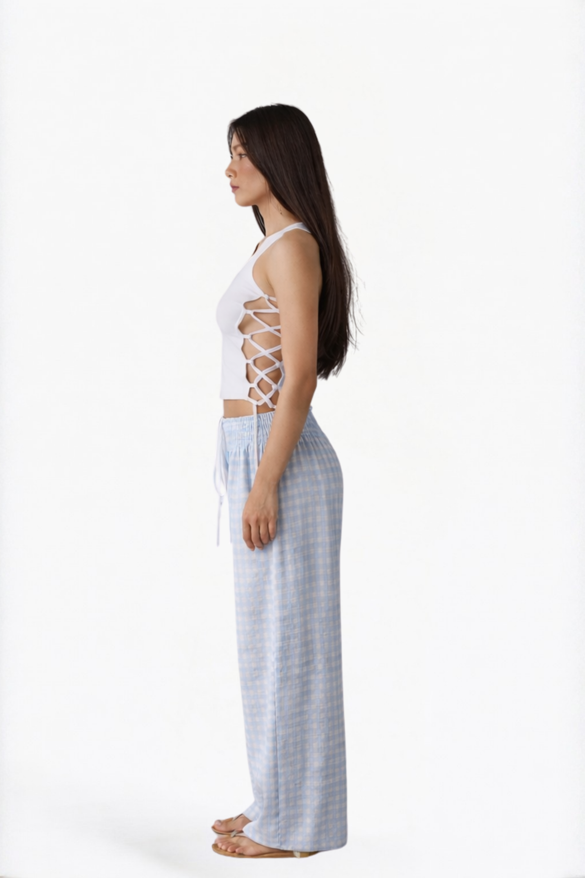 Blue Checked Wide-Leg Pants