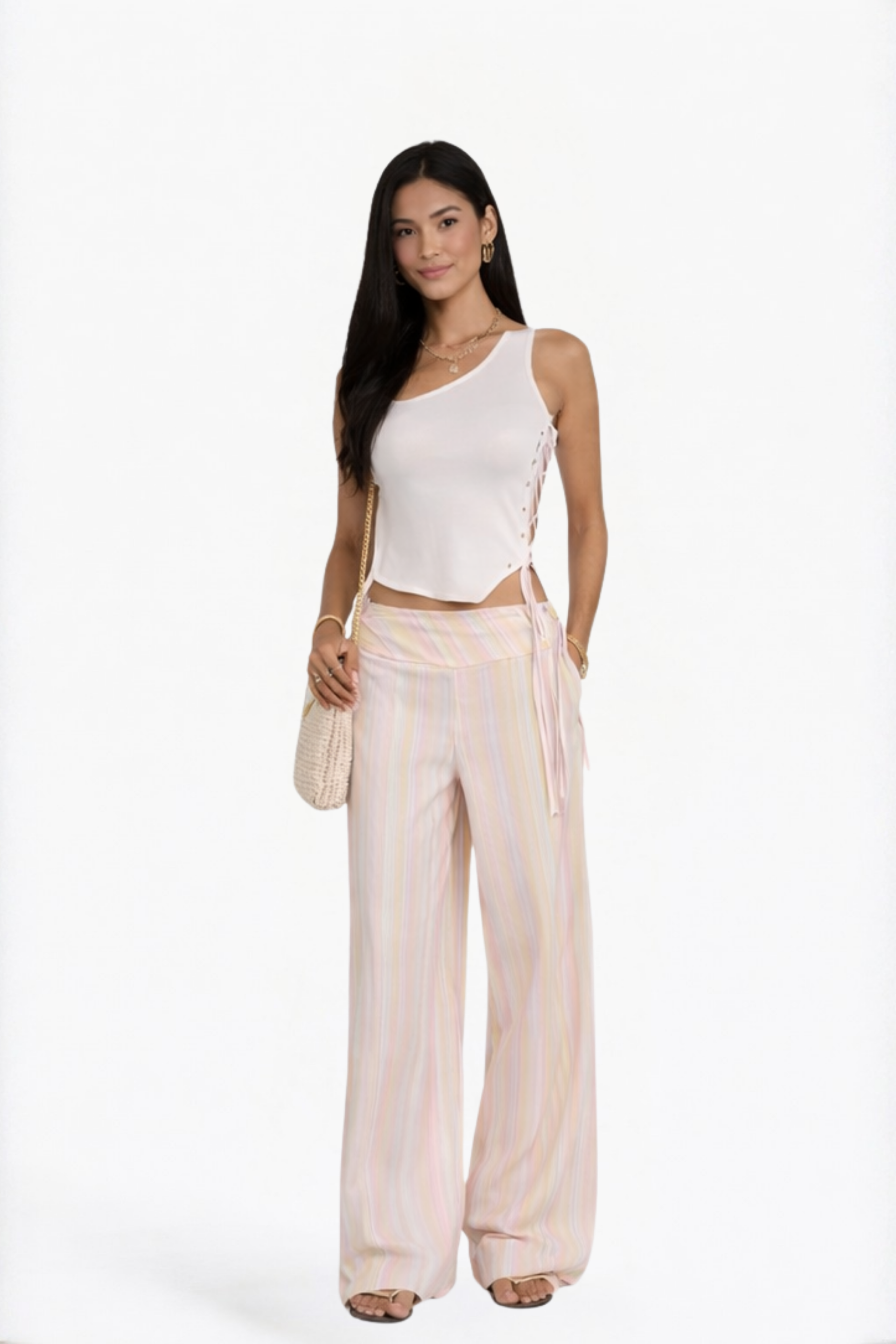 Pink Striped Drawstring Wide-Leg Pants
