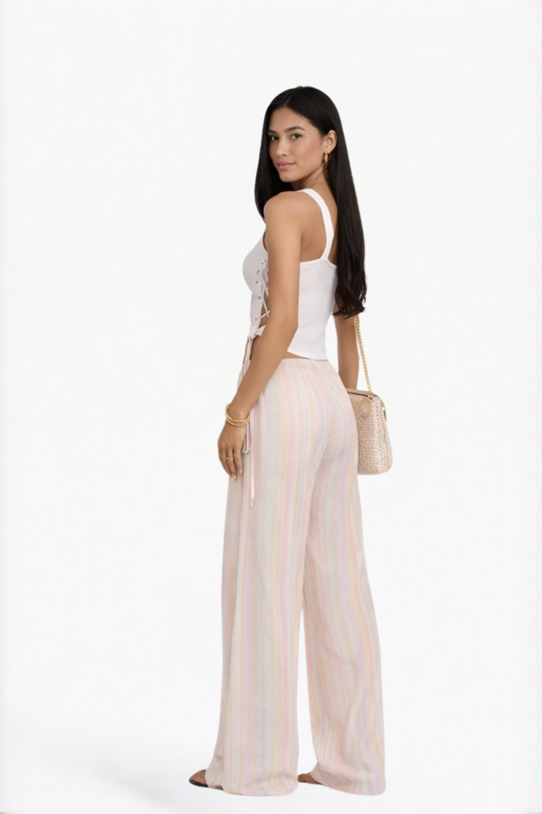 Pink Striped Drawstring Wide-Leg Pants