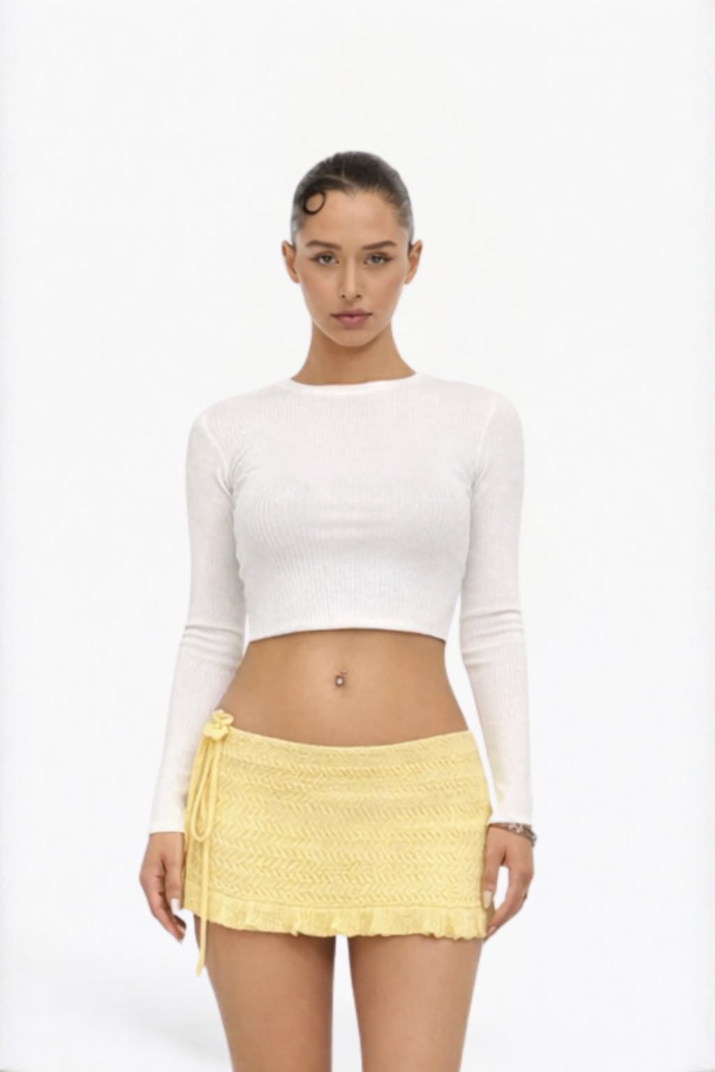 Yellow Crochet Ruffle Tie-Side Mini Skirt