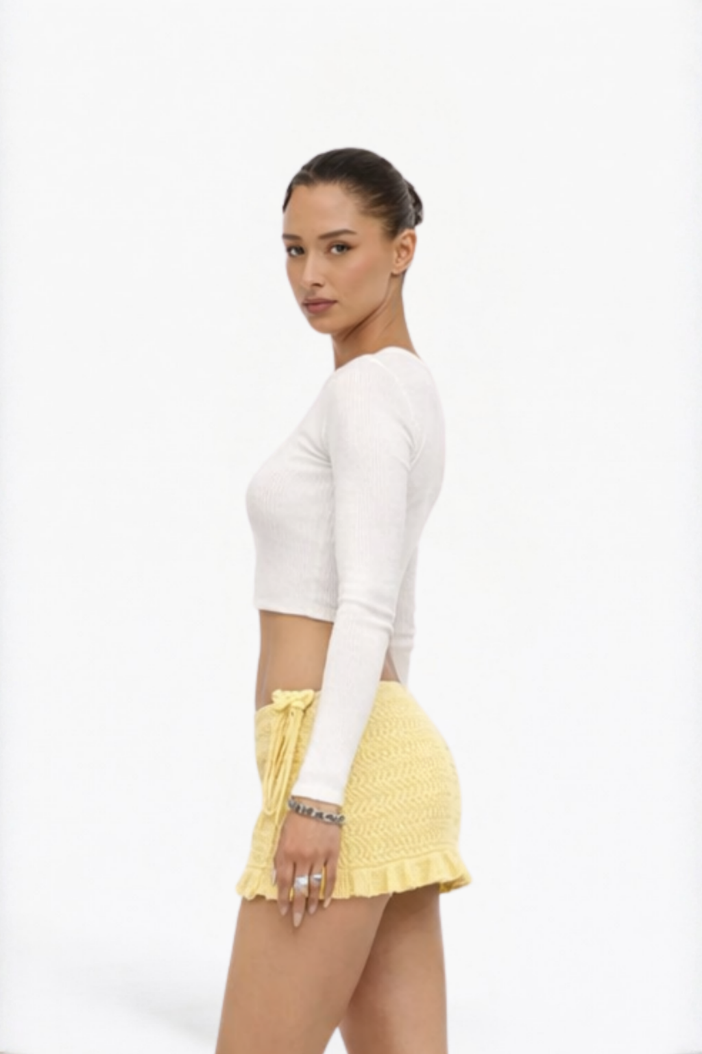 Yellow Crochet Ruffle Tie-Side Mini Skirt