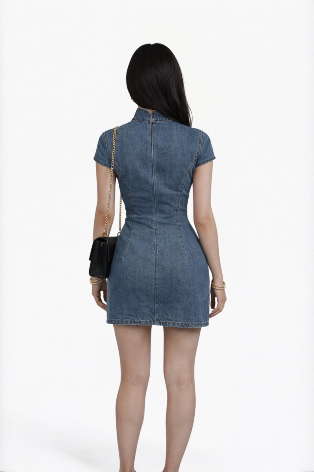 Blue Mandarin-Collar Denim Mini Dress