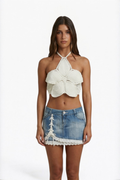 Light Wash Lace-Up Denim Mini Skirt