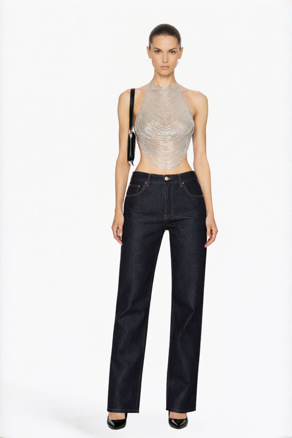 Dark Indigo Wide-Leg Pleated Jeans